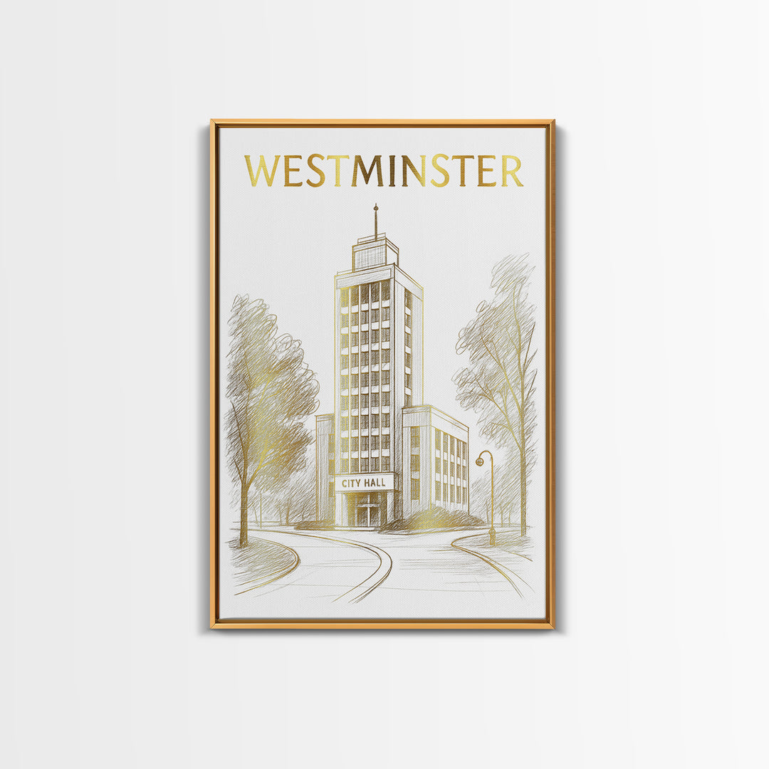 Westminster Colorado Travel Poster, Canvas Print, Gold Line Drawing Wall Art, Westminster Poster Print, Travel Poster Set, City Art Print
