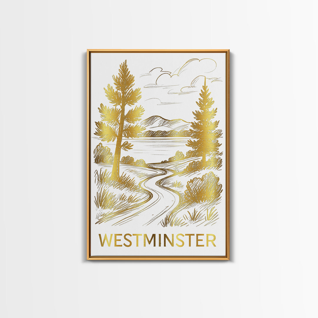 Westminster Travel Poster, Canvas Print, Gold Line Drawing Wall Art, Westminster Art Print, Travel Poster Set, Modern Wall Decor