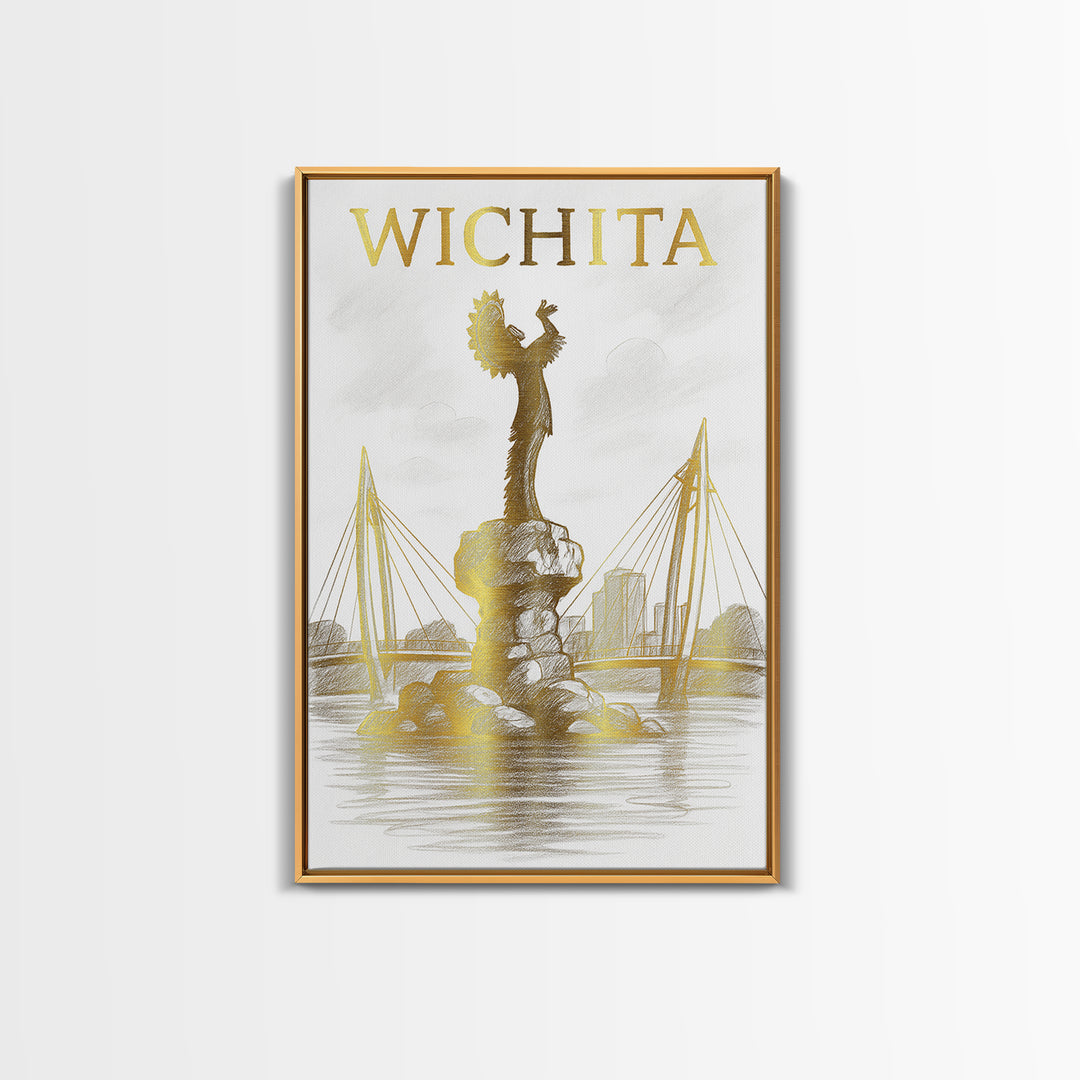 Wichita Kansas Travel Poster, Canvas Print, Gold Line Drawing Wall Art, Wichita Wall Art, Wall Decor, Modern Wall Decor, Travel Wall Art