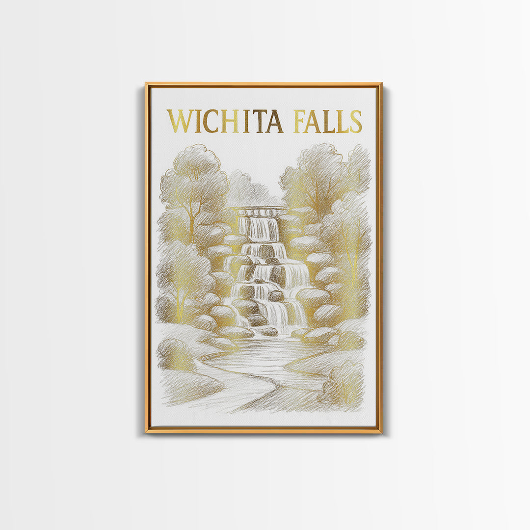 Wichita Falls Texas Travel Poster, Canvas Print, Gold Line Drawing Wall Art, Wichita Falls City Art, Travel Poster Art, Watercolor Skyline