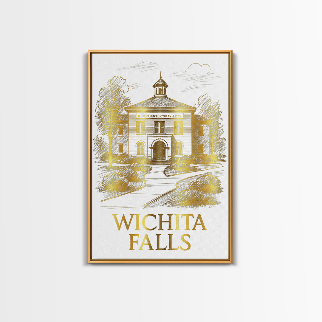 Wichita Falls Travel Poster, Framed Canvas Print, White And Gold Sketch Art, Wichita Falls City Art, Vintage City Art, Travel Wall Art
