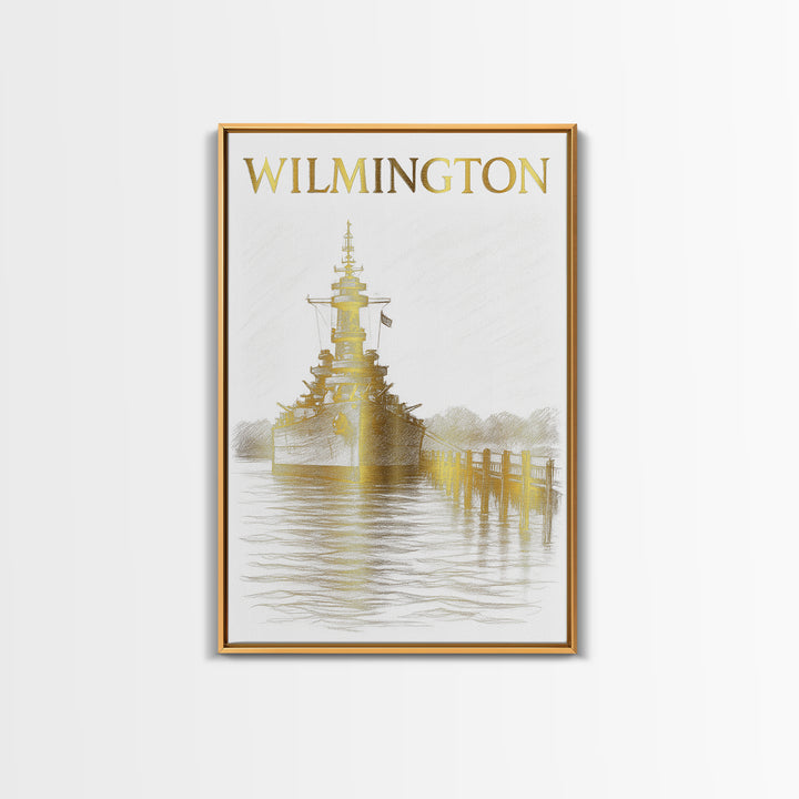 Wilmington North Carolina Travel Poster, Canvas Print, Gold Line Drawing Wall Art, Wilmington Travel Art, Travel Prints, Vintage City Poster