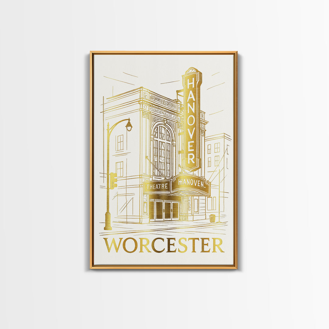 Worcester Travel Poster, Canvas Print, Gold Line Drawing Wall Art, Worcester Art Print, Travel Wall Art, Home Office Decor, Retro Poster