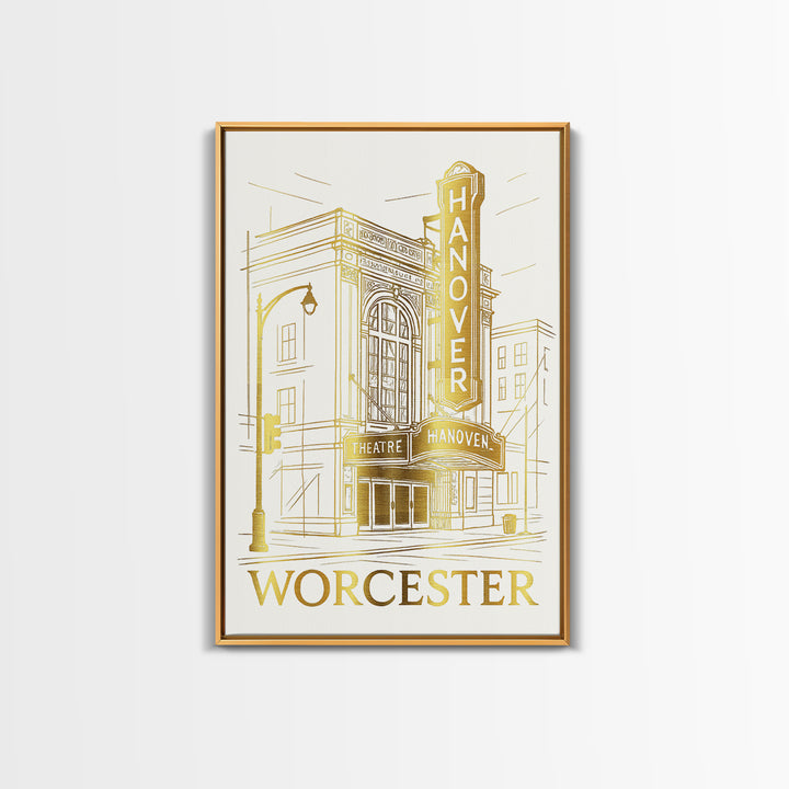 Worcester Travel Poster, Canvas Print, Gold Line Drawing Wall Art, Worcester Art Print, Travel Wall Art, Home Office Decor, Retro Poster