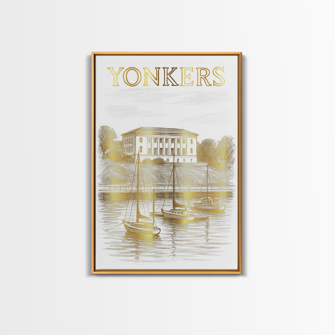 Yonkers New York Travel Poster, Canvas Print, White And Gold Sketch Art, Yonkers Travel Art, Travel Art, Travel Wall Art, City Travel Prints