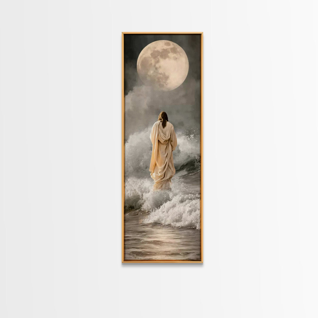 Moonlit Footsteps – Framed Canvas Print – Tall Skinny Art Print – Jesus Painting – Christian Art Canvas – Christian Wall Art