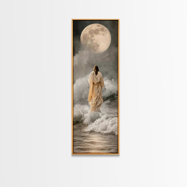 Moonlit Footsteps – Framed Canvas Print – Tall Skinny Art Print – Jesus Painting – Christian Art Canvas – Christian Wall Art