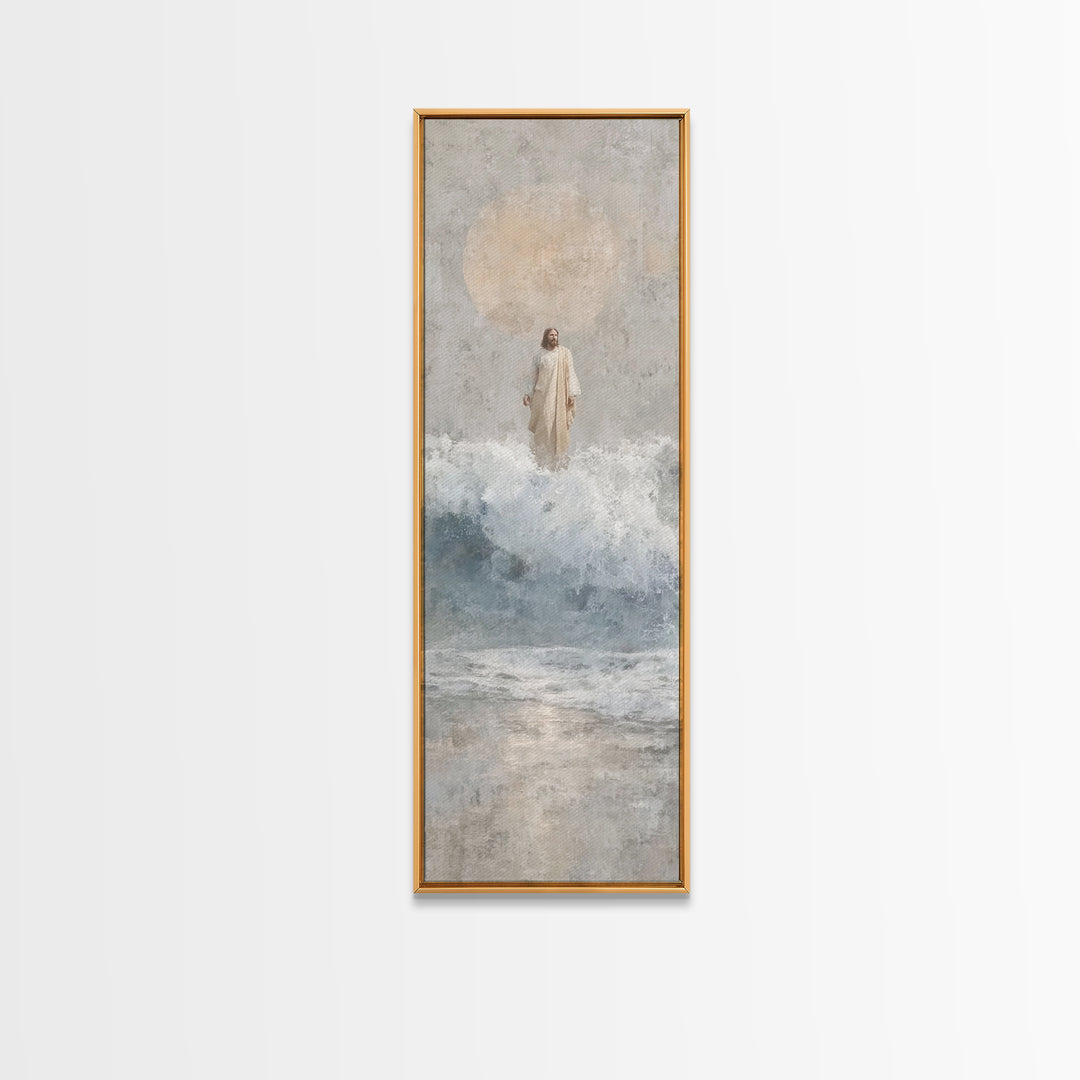 Serene Sea Path, Framed Canvas Print, Narrow Art, Jesus Painting, Christian Wall Art, Christian Art Canvas