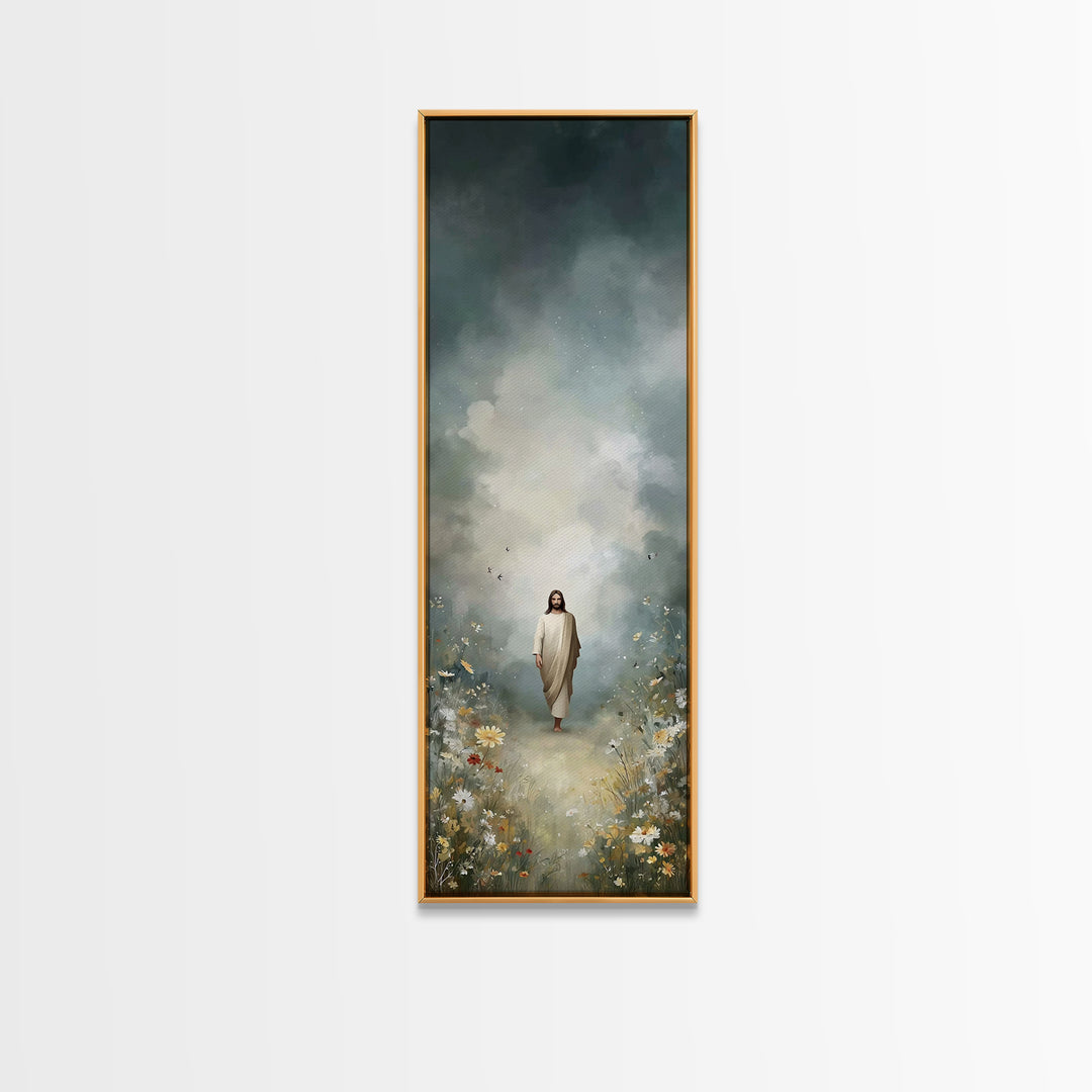 Grace In The Meadow | Framed Canvas Print | Tall Skinny Art Print | Christian Art Canvas | Jesus Painting | Christian Wall Art