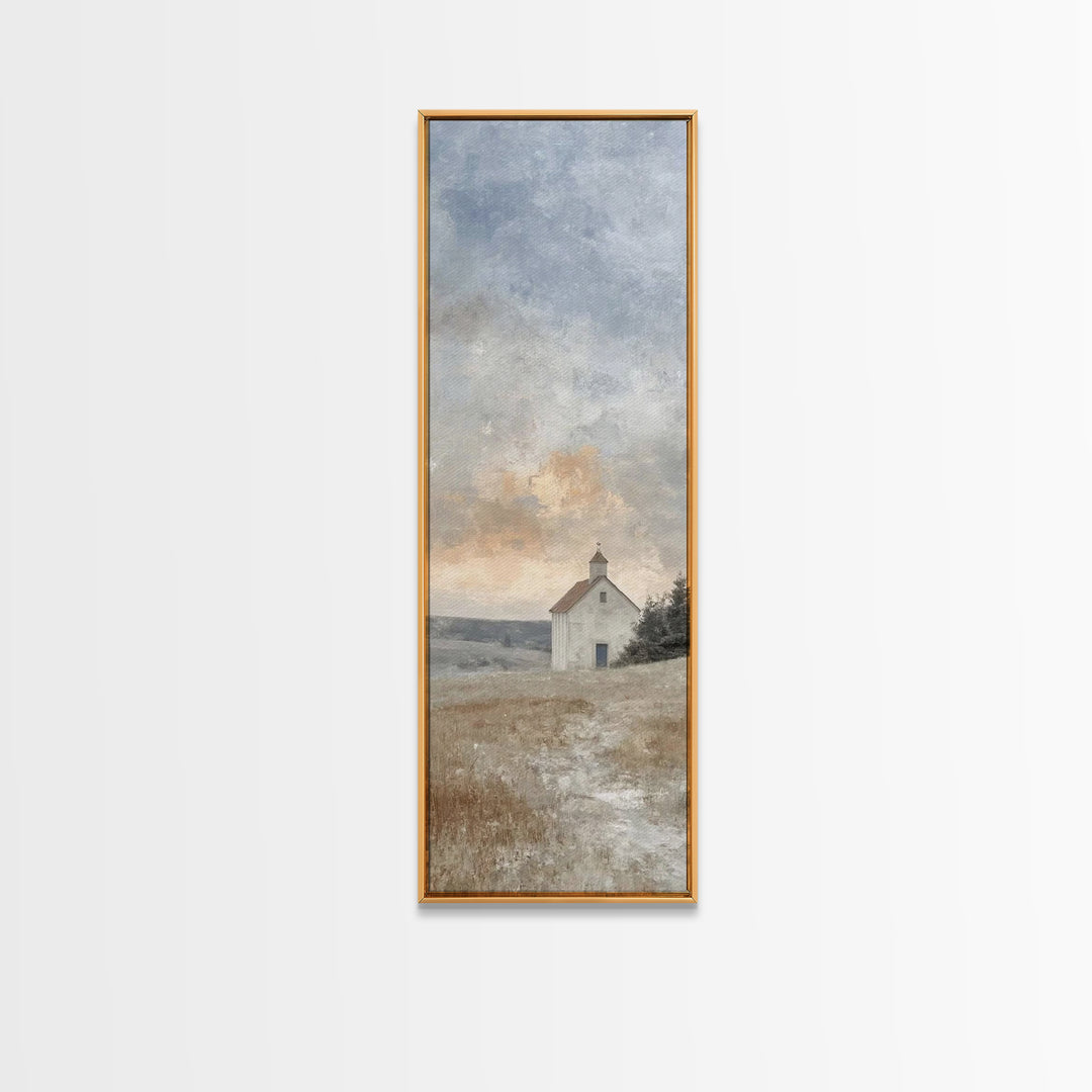 Meadow Chapel Light – Framed Canvas Print – Christian Wall Art – Christian Art Canvas – Vintage Christian Art – Narrow Art – Christian Deco