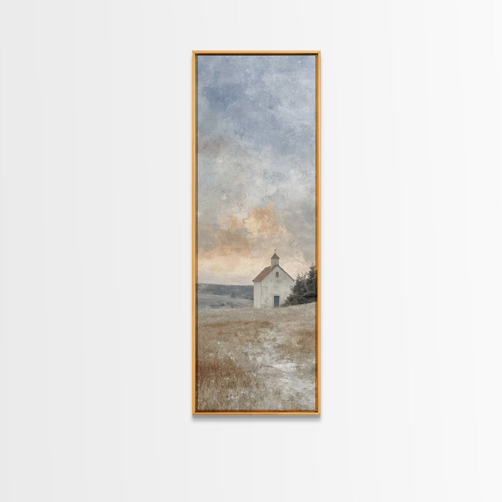 Meadow Chapel Light – Framed Canvas Print – Christian Wall Art – Christian Art Canvas – Vintage Christian Art – Narrow Art – Christian Deco