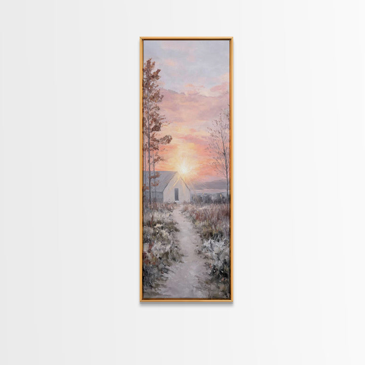 Dawn Chapel Path – Framed Canvas Print – Christian Wall Art – Christian Christmas Art – Christian Art Canvas – Skinny Art – Christmas Art