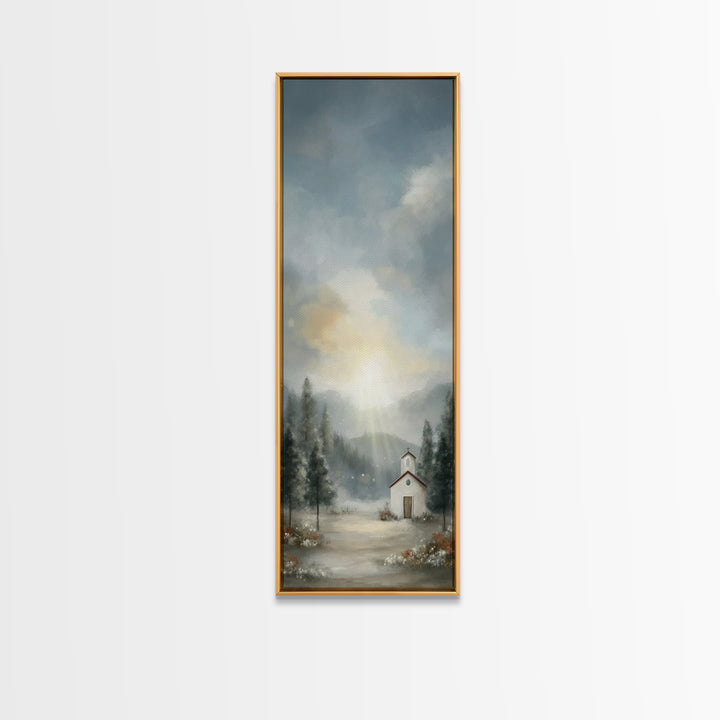 Mountain Chapel Radiance – Framed Canvas Print – Christian Art Canvas – Christian Christmas Art – Christmas Wall Art – Narrow Art – Framed