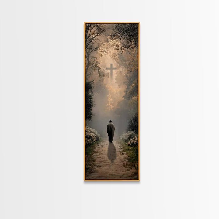 Forest Cross Path – Framed Canvas Print – Christian Christmas Art – Christian Wall Art – Christian Art Canvas – Tall Skinny Art Print – Chr