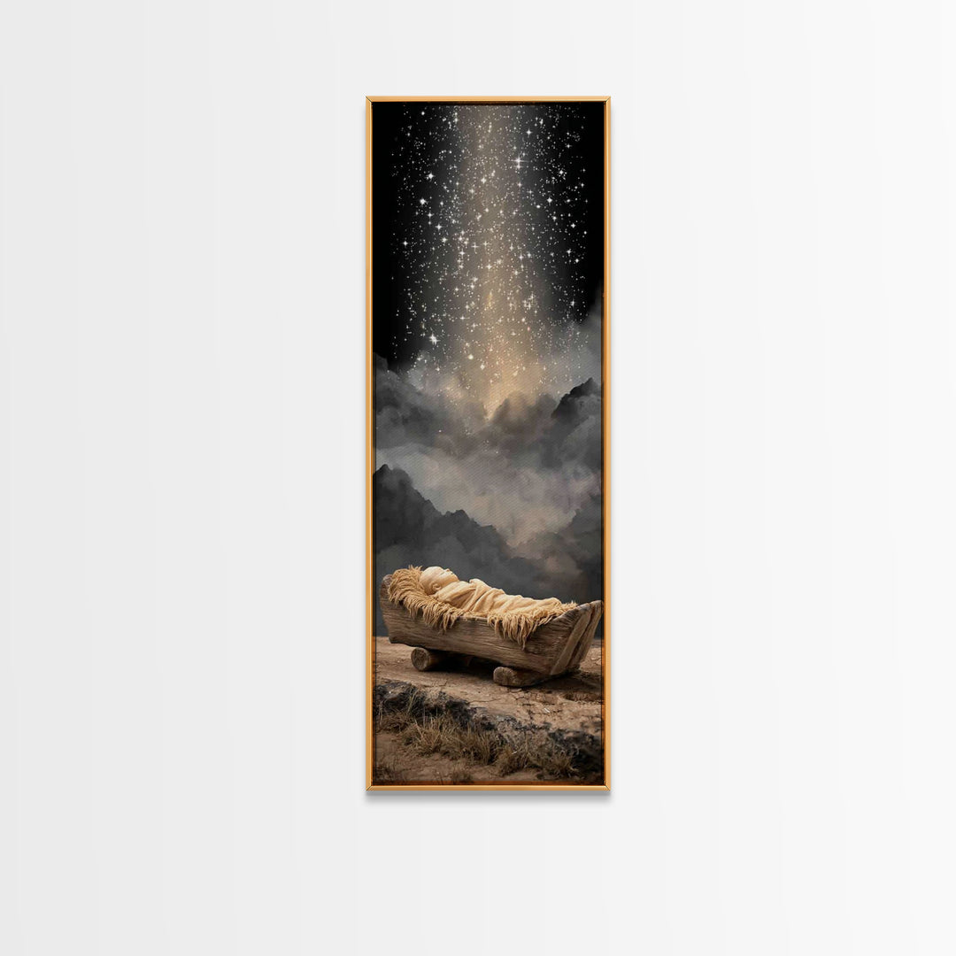 Holy Night Cradle – Framed Canvas Print – Christian Christmas Art – Tall Skinny Art Print – Christian Wall Art – Christmas Canvas Wall Art