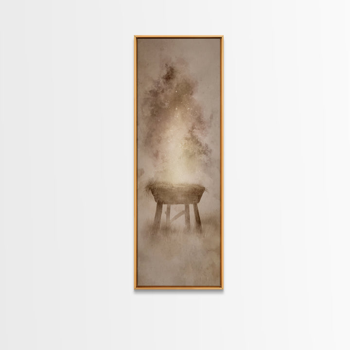 Manger Of Light, Framed Canvas Print, Christian Wall Art, Tall Narrow Wall Art, Christmas Art Prints, Christian Christmas Art, Unique Chris