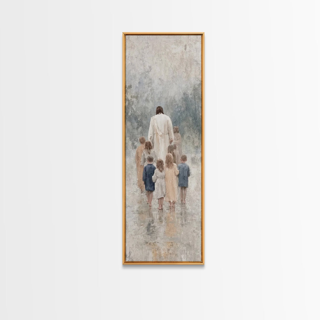 Walking With Jesus | Framed Canvas Print | Tall Narrow Wall Art | Christian Art Print | Jesus Painting | Christian Decor | Subtle Christian
