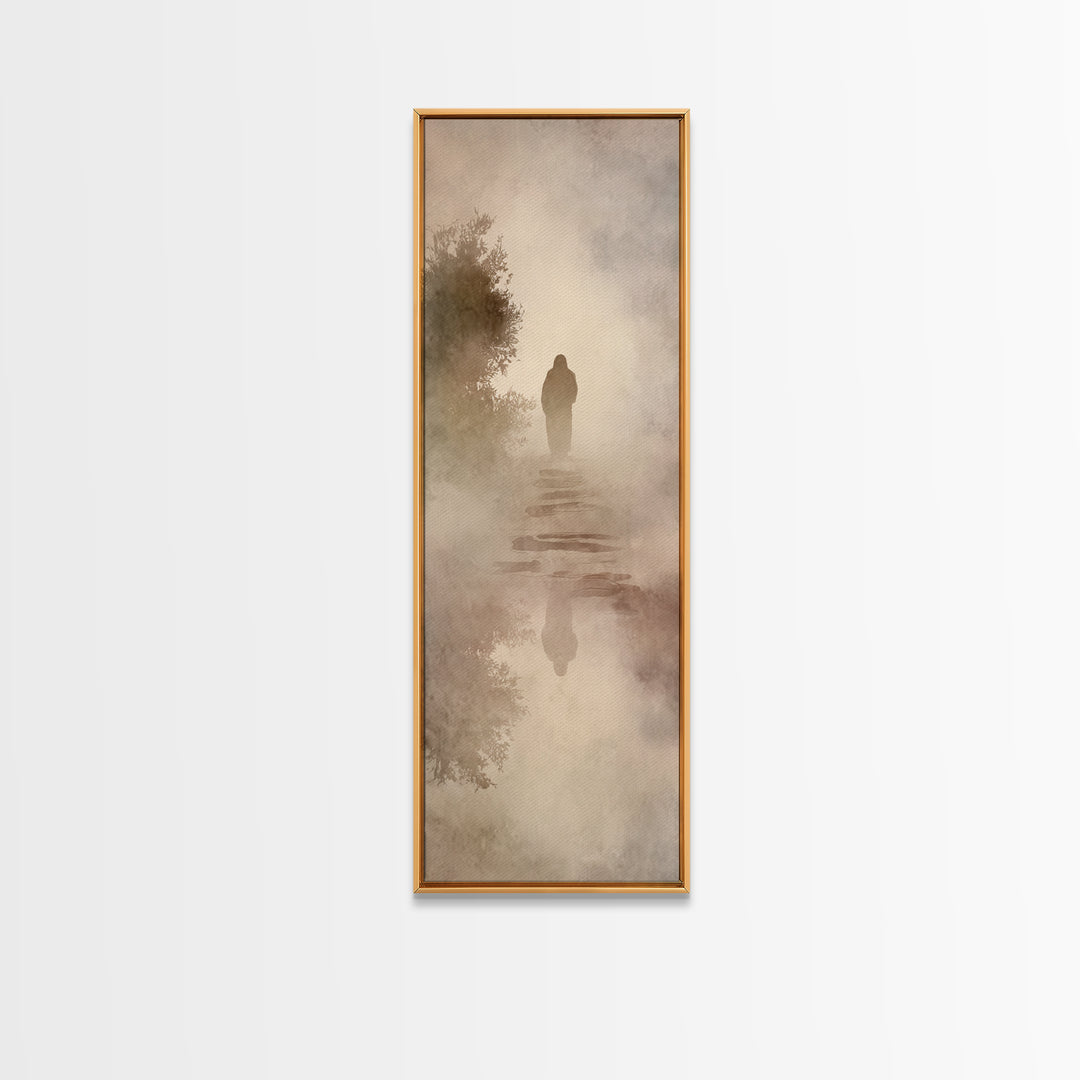 Misty Dawn Walk – Framed Canvas Print – Christian Art – Christian Art Canvas – Jesus Painting – Narrow Art – Christian Christmas Art