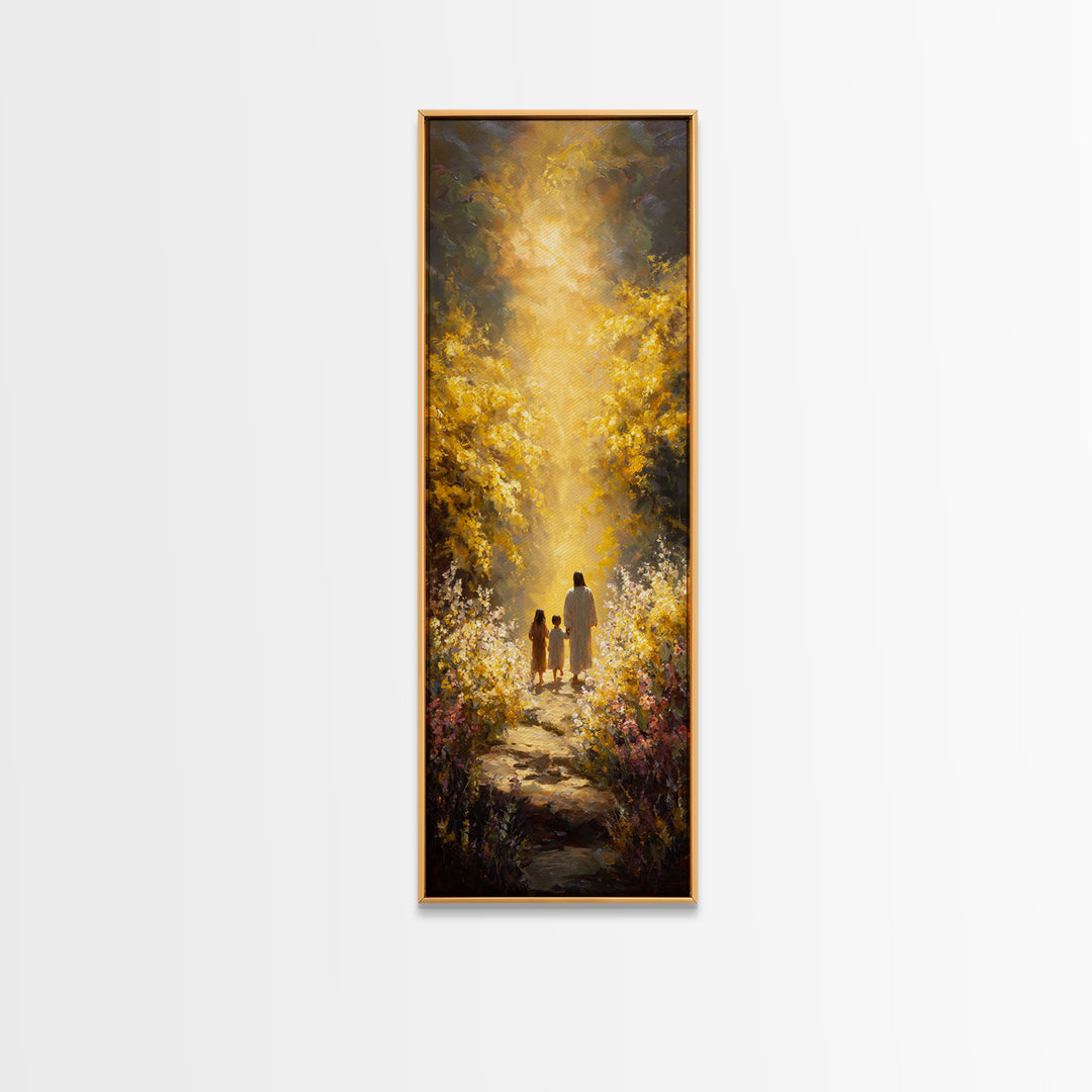 Golden Way Home – Framed Canvas Print – Narrow Art – Christian Christmas Art – Jesus Painting – Christian Wall Art – Christian Art Print
