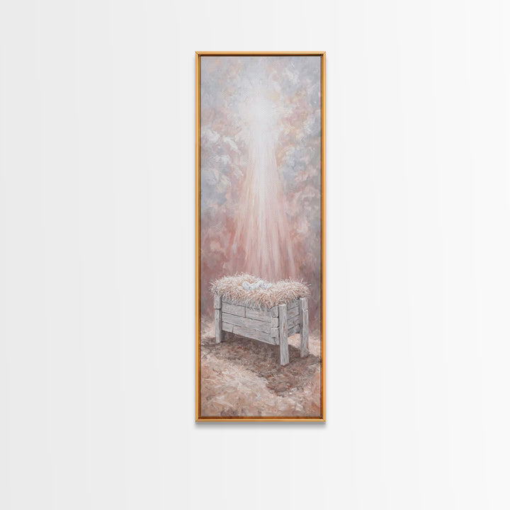 Humble Manger Glow - Framed Canvas Print - Christian Art Canvas - Christian Wall Art - Jesus Painting - Narrow Art - Christian Christmas Ar