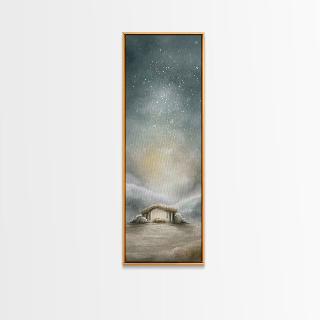 Winter Stable Hope – Framed Canvas Print – Christian Wall Art – Tall Narrow Wall Art – Christian Art Canvas – Jesus Painting – Christian Ch