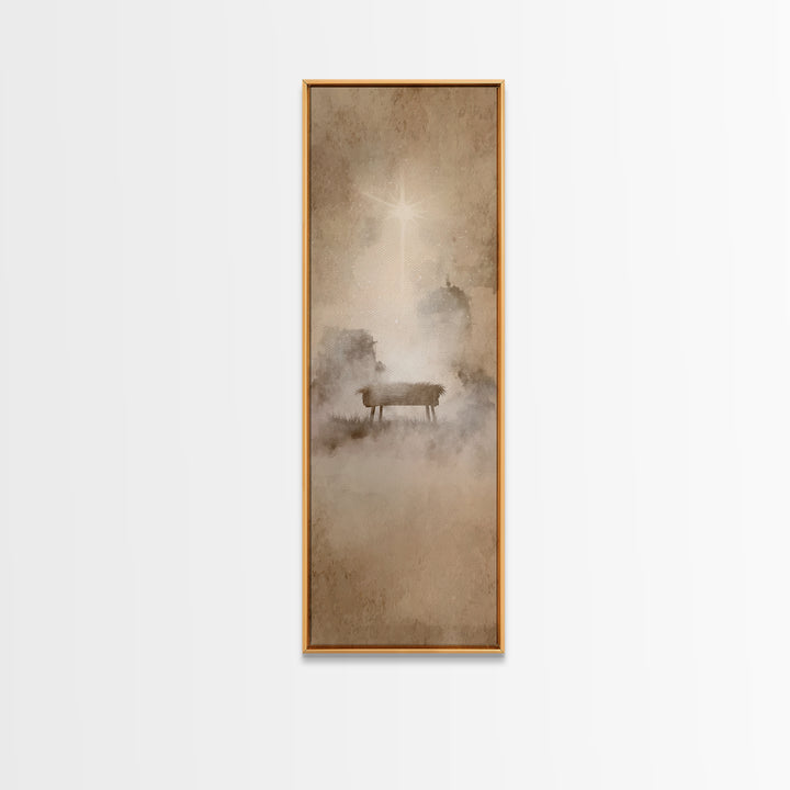 Manger Dawn Glow – Framed Canvas Print – Christian Christmas Art – Christian Wall Art – Narrow Art – Jesus Painting – Christian Art Canvas