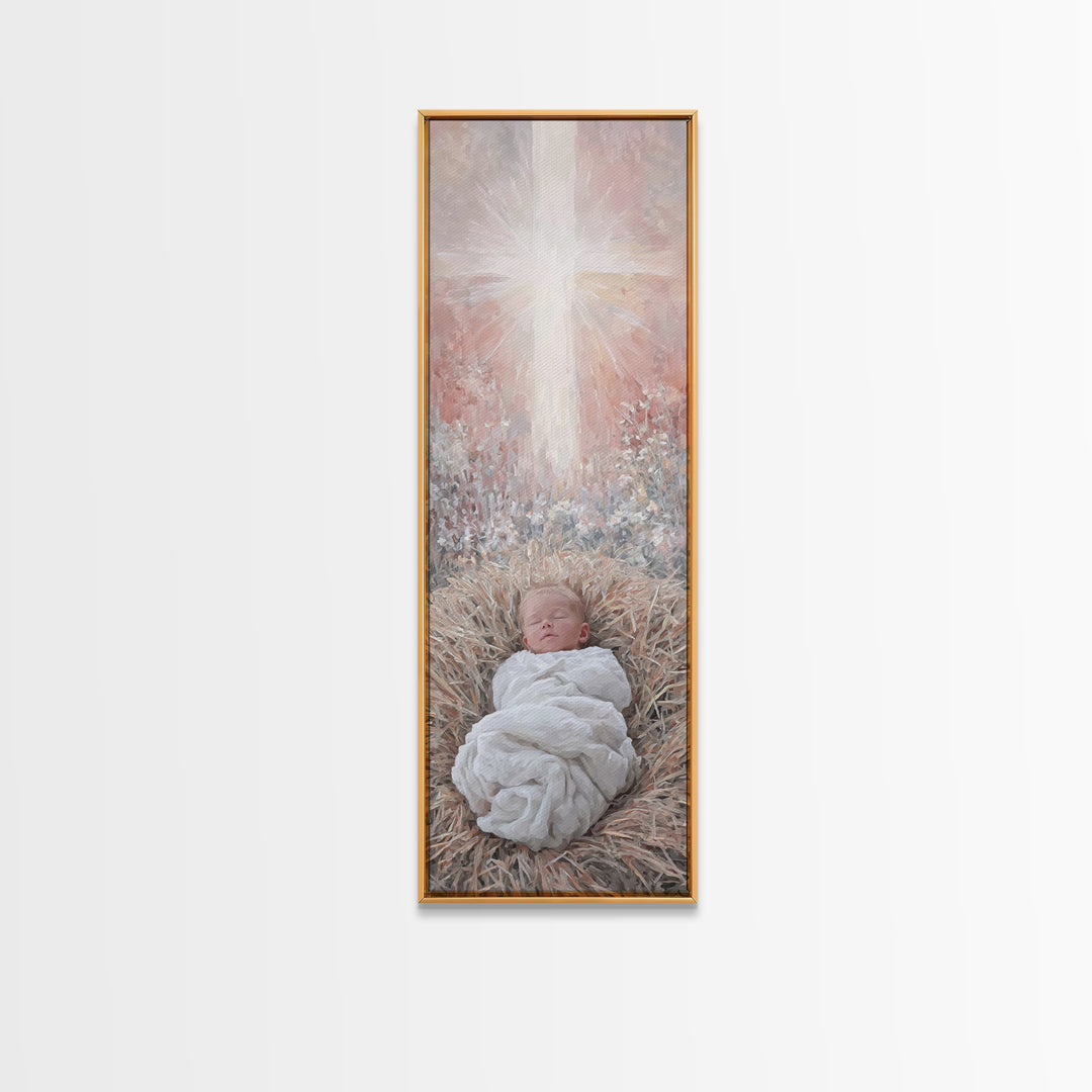 Sacred Manger Light | Framed Canvas Print | Christian Art Canvas | Christian Wall Art | Jesus Painting | Skinny Art