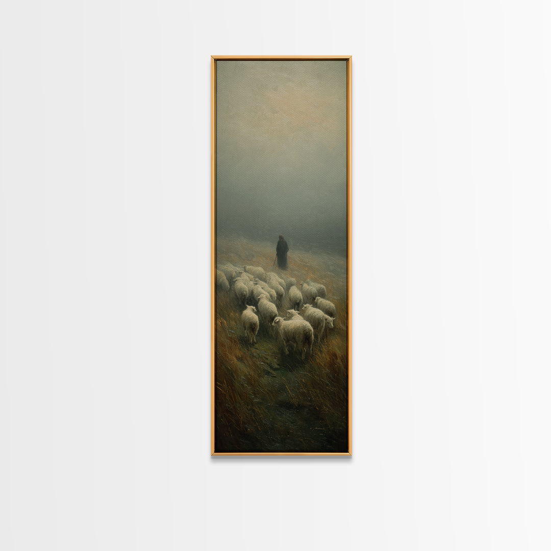 Misty Shepherd Peace, Framed Canvas Print, Christian Wall Art, Skinny Art, Jesus Painting, Christian Art Canvas, Christmas Art, Christian D