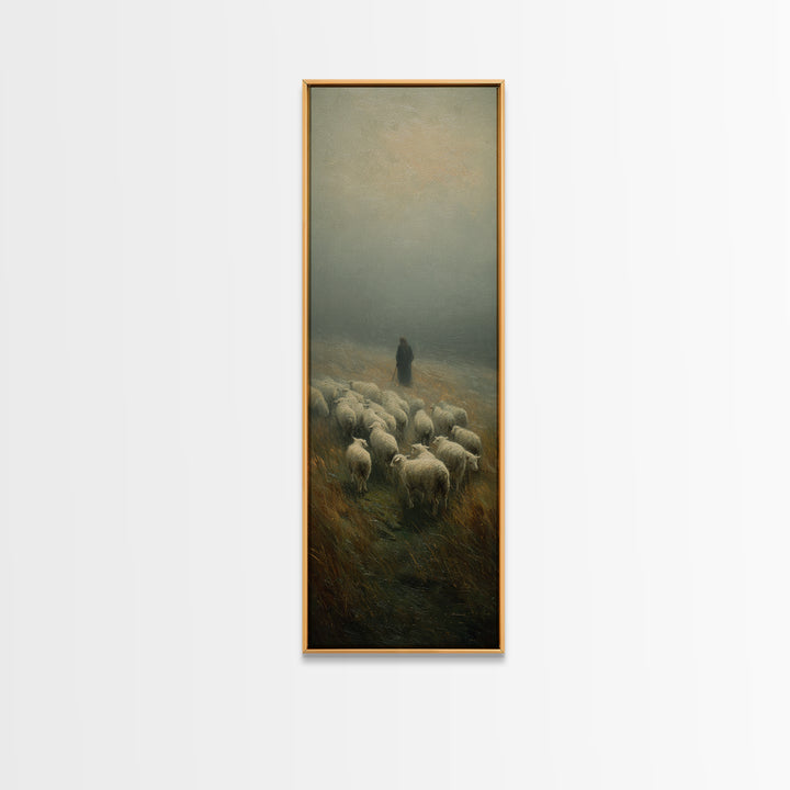 Misty Shepherd Peace, Framed Canvas Print, Christian Wall Art, Skinny Art, Jesus Painting, Christian Art Canvas, Christmas Art, Christian D