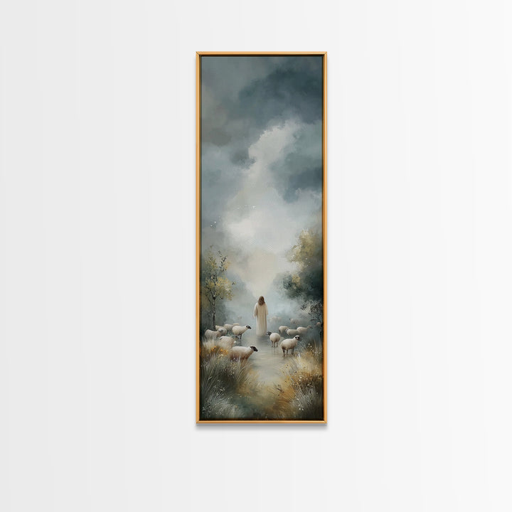 Cloudbound Shepherd – Framed Canvas Print – Christian Wall Art – Jesus Painting – Christian Art Canvas – Tall Skinny Art Print – Christian