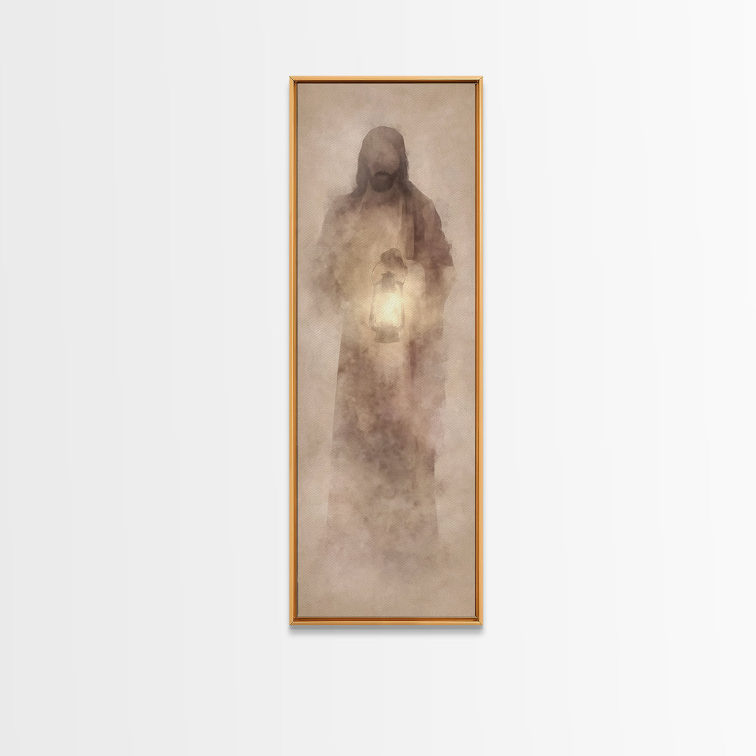 Soft Dawn Presence – Framed Canvas Print – Skinny Art – Christian Art Canvas – Christian Wall Art – Jesus Painting – Narrow Art – Modern Ch