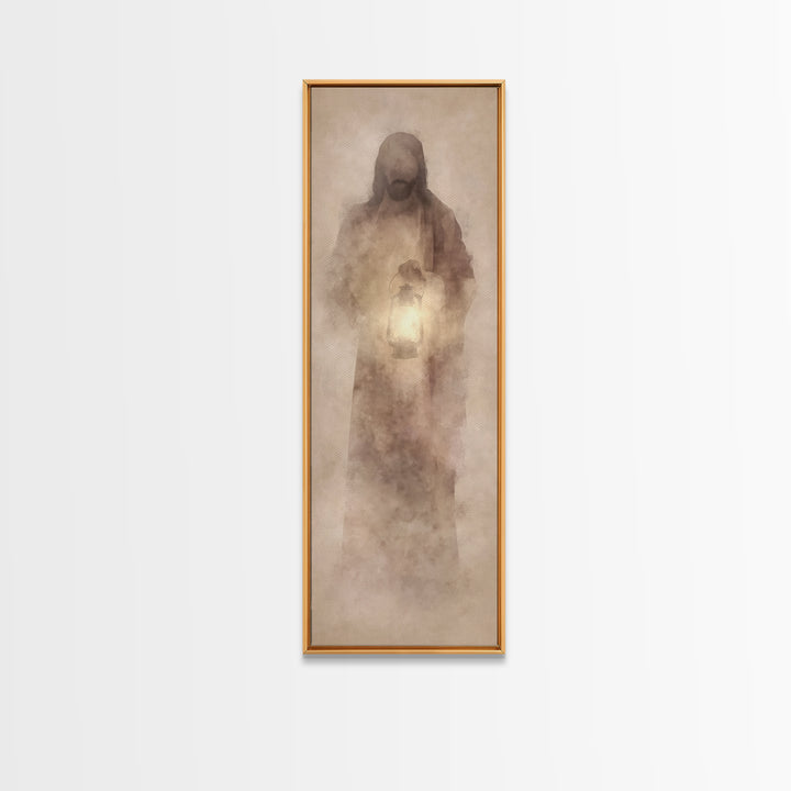 Soft Dawn Presence – Framed Canvas Print – Skinny Art – Christian Art Canvas – Christian Wall Art – Jesus Painting – Narrow Art – Modern Ch