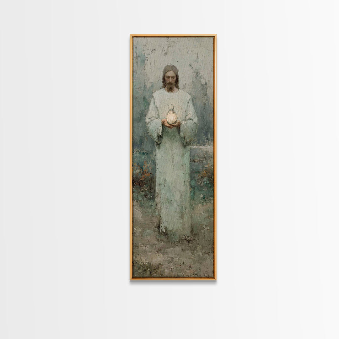 Hushed Lantern Grace – Framed Canvas Print – Narrow Art – Christian Wall Art – Christian Art Canvas – Jesus Painting – Skinny Art – Large C
