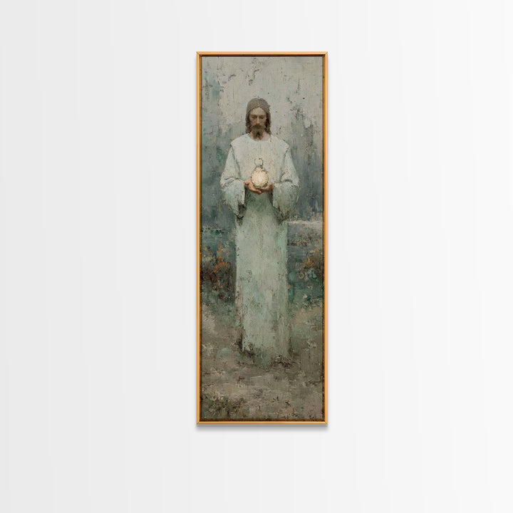 Hushed Lantern Grace – Framed Canvas Print – Narrow Art – Christian Wall Art – Christian Art Canvas – Jesus Painting – Skinny Art – Large C