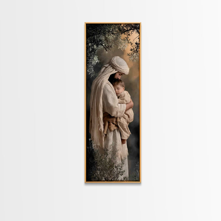 Shepherd’s Quiet Hold | Framed Canvas Print | Christian Wall Art | Jesus Painting | Christian Art Print | Tall Skinny Art Print | Christian