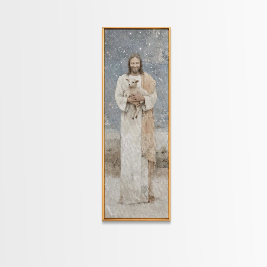 Gentle Shepherd Light – Framed Canvas Print – Christian Wall Art – Jesus Painting – Tall Narrow Wall Art – Christian Art Canvas