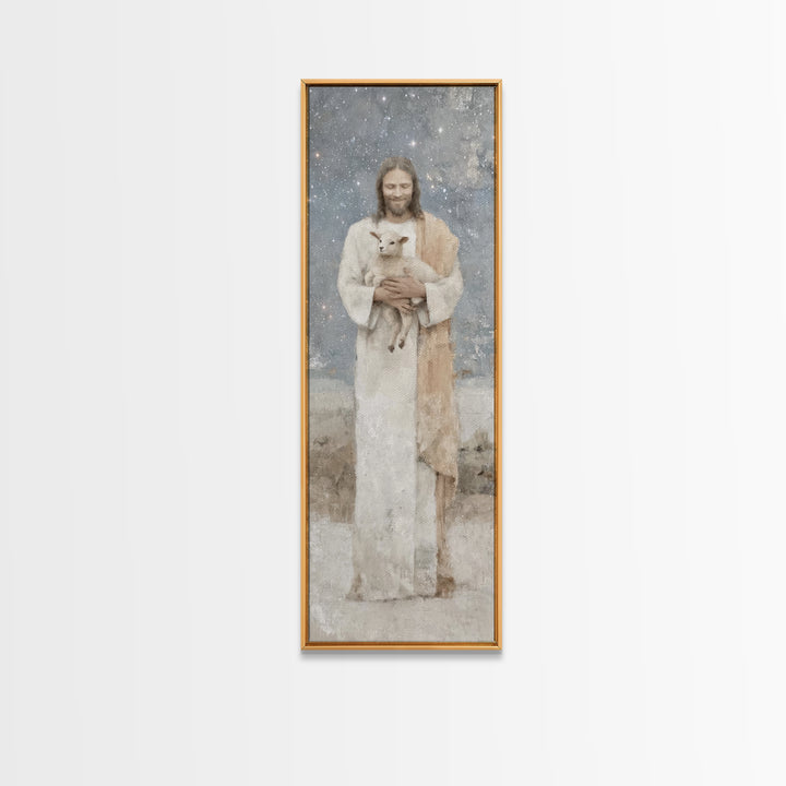 Gentle Shepherd Light – Framed Canvas Print – Christian Wall Art – Jesus Painting – Tall Narrow Wall Art – Christian Art Canvas