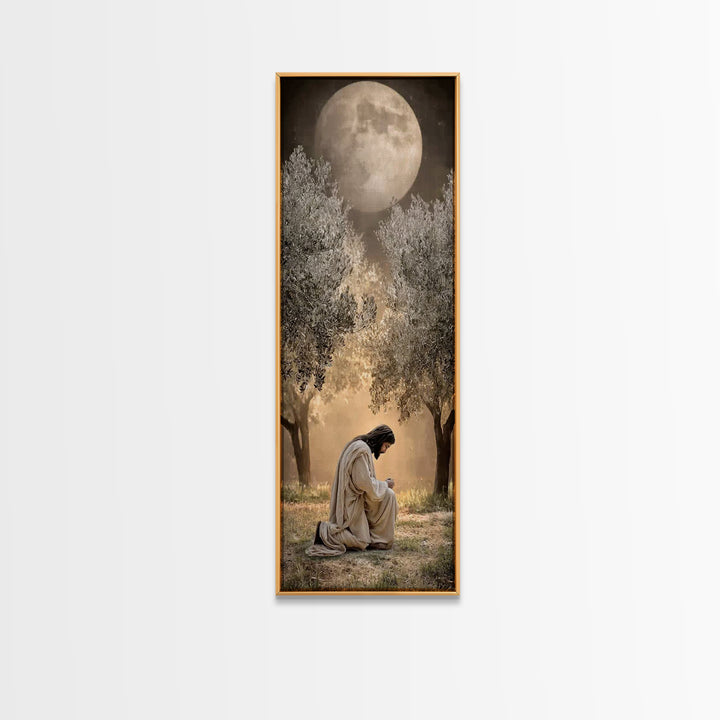 Moonlit Garden Prayer – Framed Canvas Print – Christian Wall Art – Jesus Painting – Tall Narrow Wall Art – Christian Art Canvas