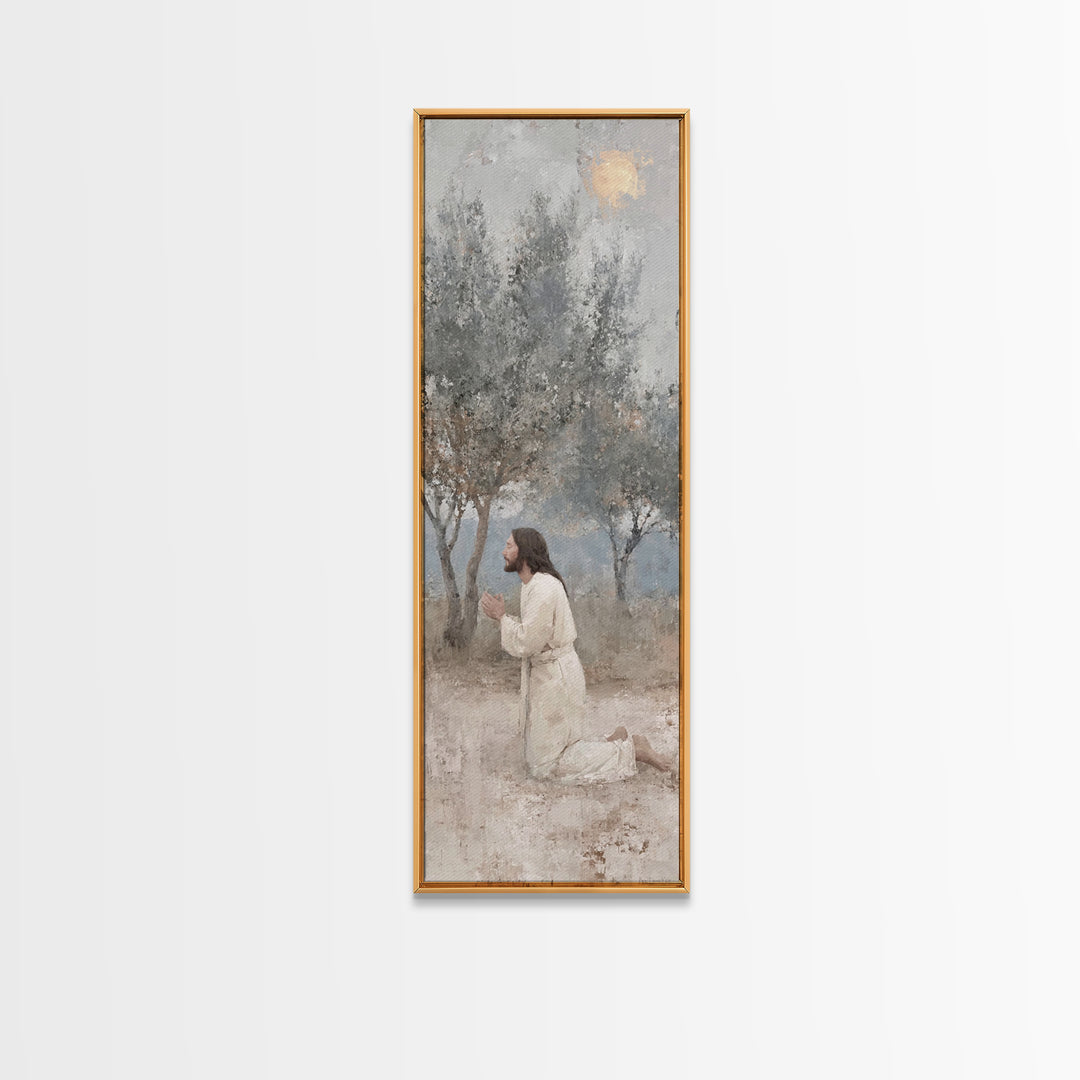 Quiet Olive Devotion – Framed Canvas Print – Christian Art Canvas – Christian Wall Art – Skinny Art – Jesus Painting