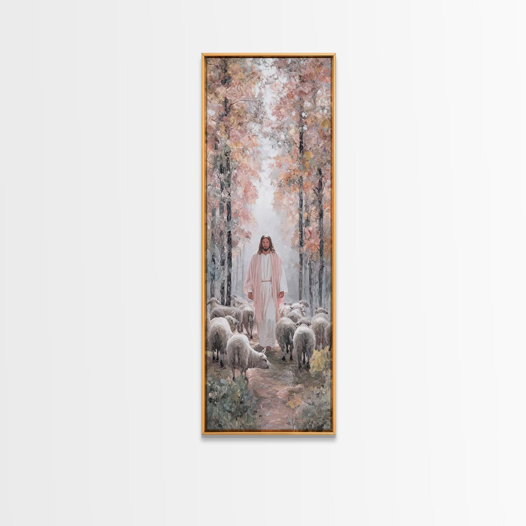 Autumn Shepherd Path – Framed Canvas Print – Tall Skinny Art Print – Christian Painting – Jesus Art Print – Christian Wall Art