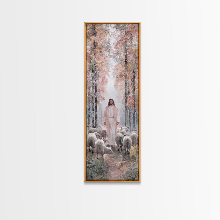 Autumn Shepherd Path – Framed Canvas Print – Tall Skinny Art Print – Christian Painting – Jesus Art Print – Christian Wall Art