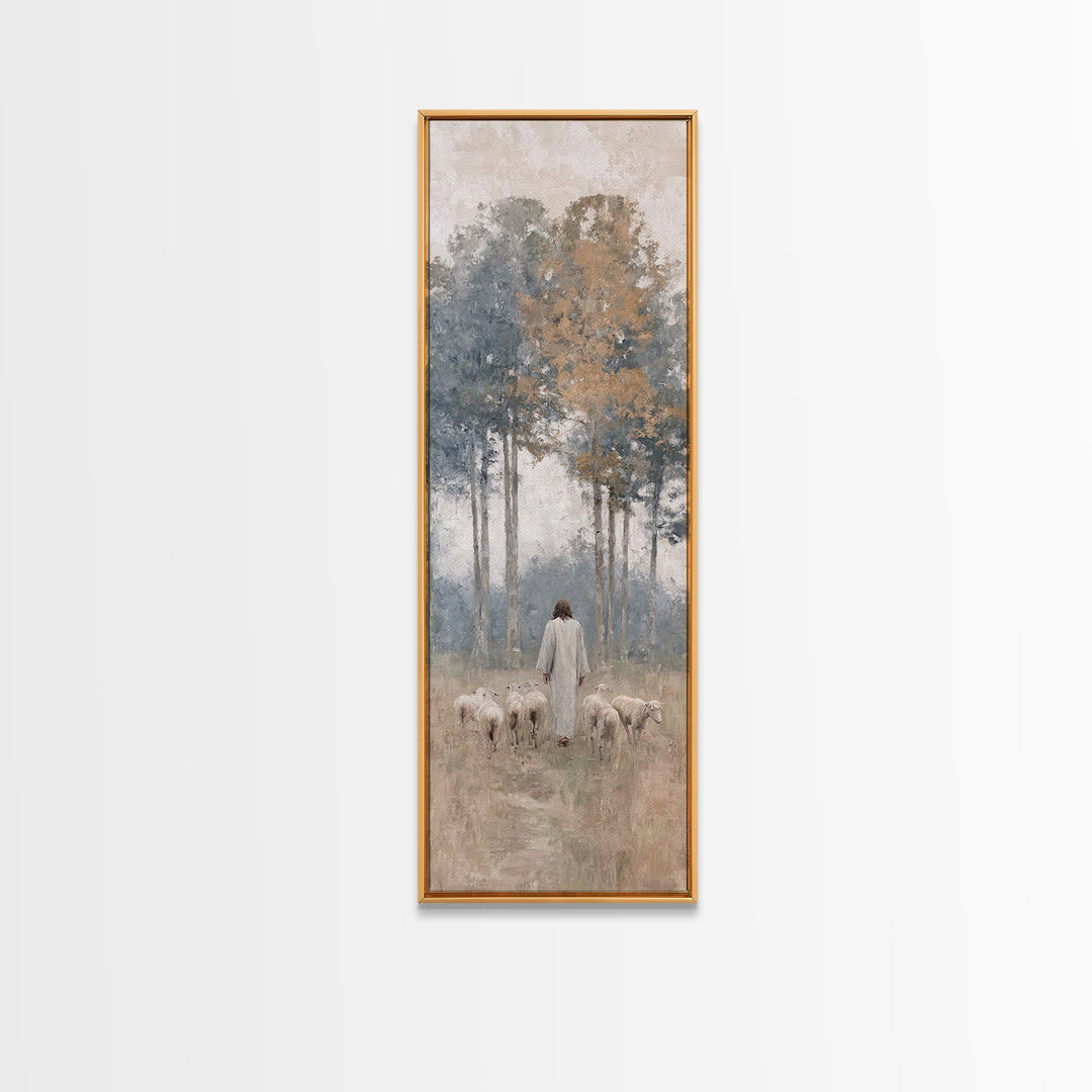 Pastoral Dawn Peace – Framed Canvas Print – Tall Narrow Wall Art – Christian Art – Jesus Painting – Christian Christmas Decor