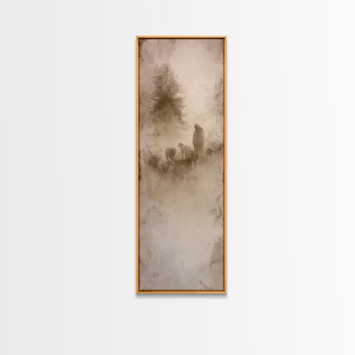Meadow Shepherd Calm – Framed Canvas Print – Skinny Art – Christian Wall Art – Jesus Painting – Christmas Art Prints