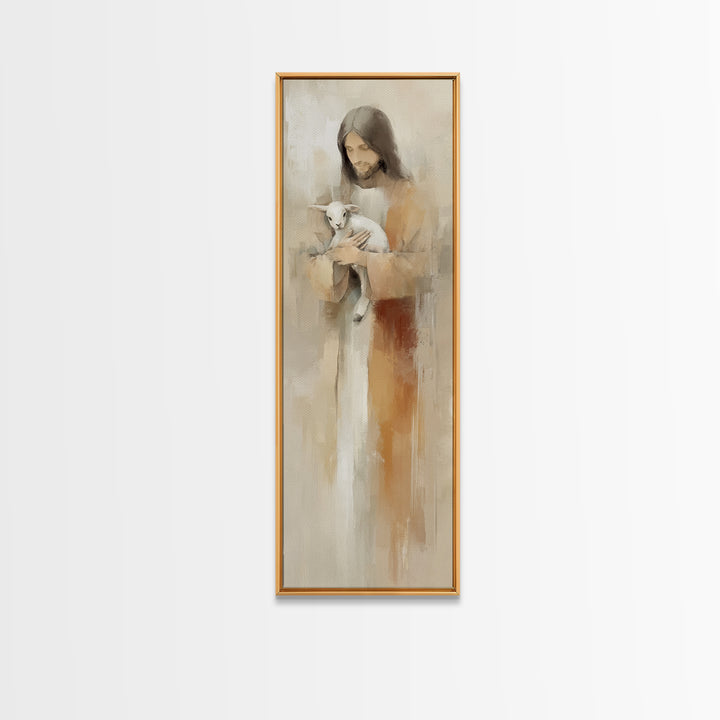 Gentle Shepherd Care – Framed Canvas Print – Jesus Painting – Christian Art – Tall Skinny Art Print – Christian Wall Art – Christmas Art