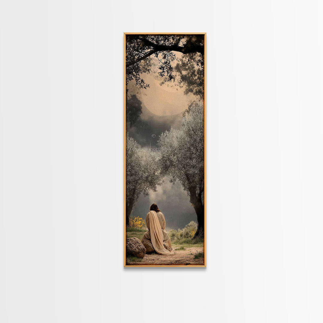 Sacred Pasture Glow – Framed Canvas Print – Christian Art – Jesus Painting – Skinny Art – Christian Wall Art – Christmas Art
