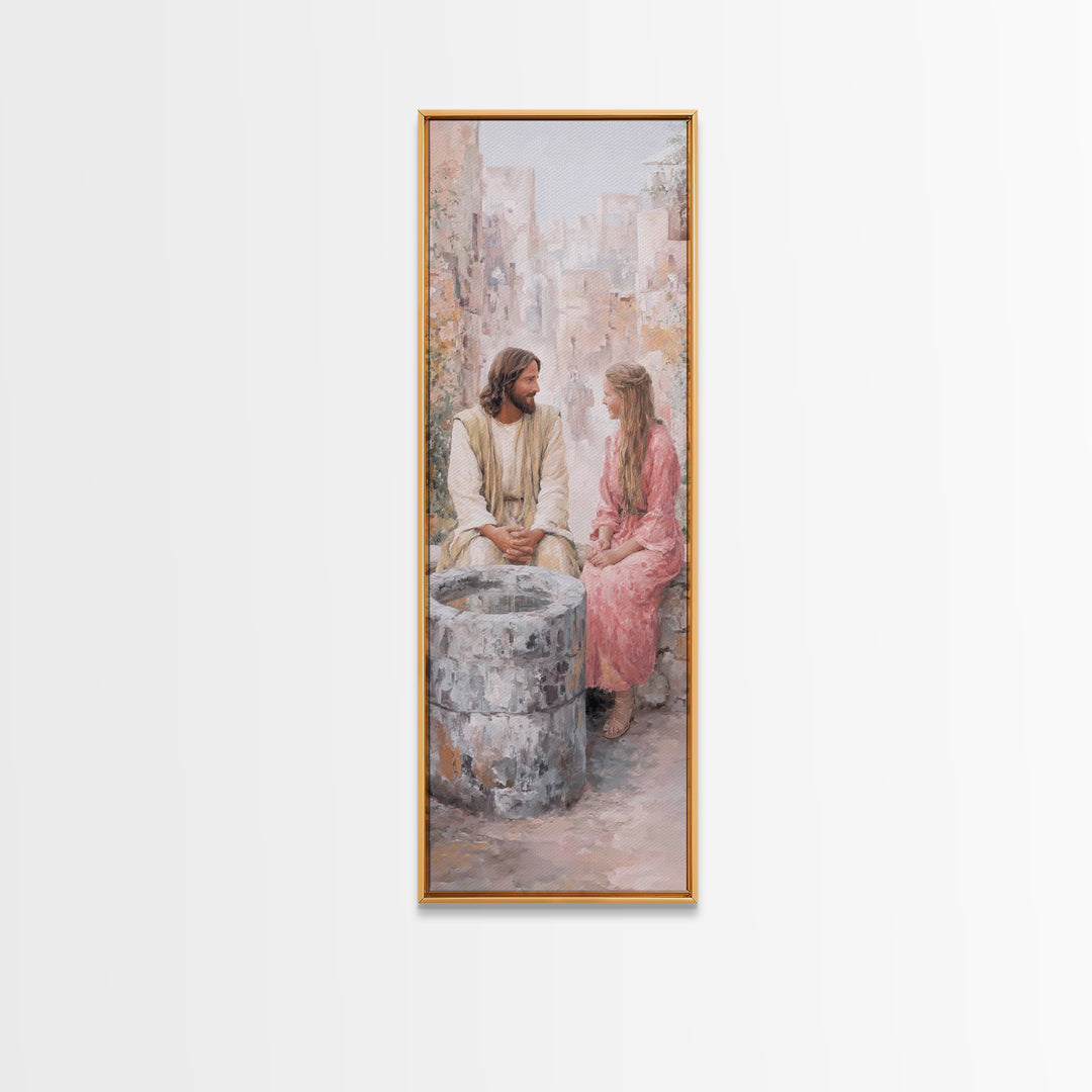 Timeless Well Gathering – Framed Canvas Print – Tall Narrow Wall Art – Jesus Painting – Christian Art Canvas – Christian Wall Art – Christi