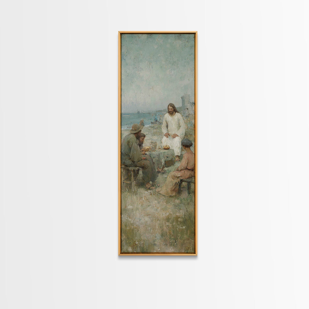 Shoreline Bread Blessing – Framed Canvas Print – Skinny Art – Christian Wall Art – Christian Art Canvas – Jesus Painting – Christmas Art –
