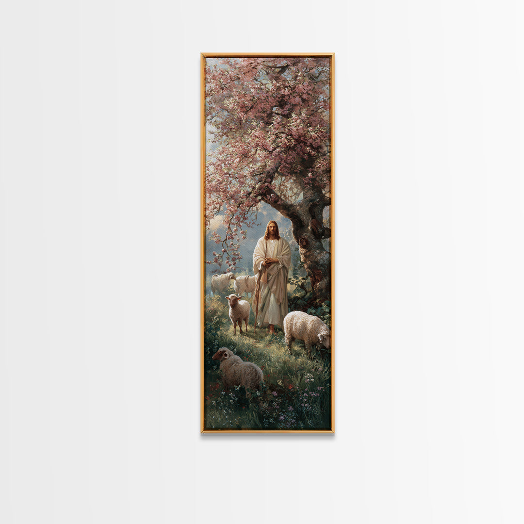 Blossom Shepherd Path – Framed Canvas Print – Narrow Art – Christian Art Canvas – Jesus Painting – Christian Wall Art – Christian Christmas