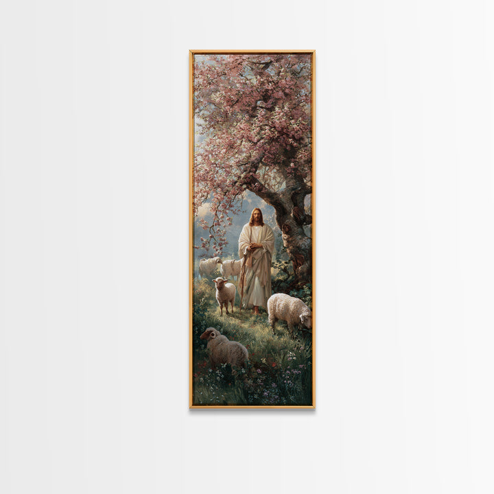Blossom Shepherd Path – Framed Canvas Print – Narrow Art – Christian Art Canvas – Jesus Painting – Christian Wall Art – Christian Christmas
