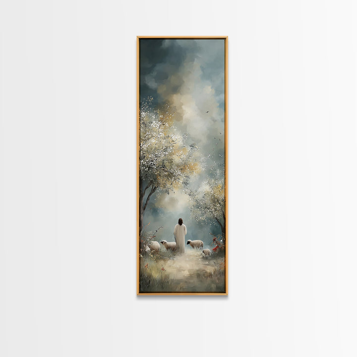 Pastoral Dawn Walk – Framed Canvas Print – Tall Skinny Art Print – Christian Wall Art – Christian Art Canvas – Jesus Painting – Christian C